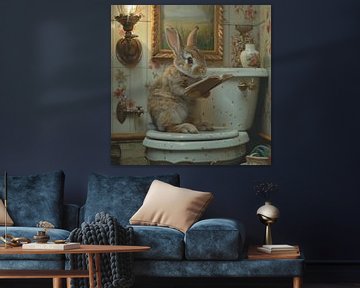 Lapin duveteux lisant dans les toilettes - Image amusante de salle de bains sur Felix Brönnimann