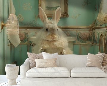 Fluffy bunny reads newspaper on toilet by Poster Art Shop