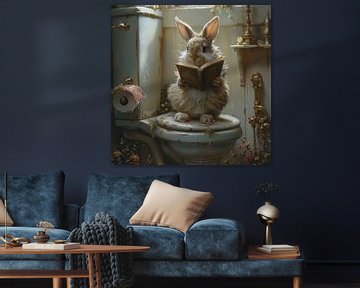 Fluffy rabbit reads a book on the toilet seat by Felix Brönnimann