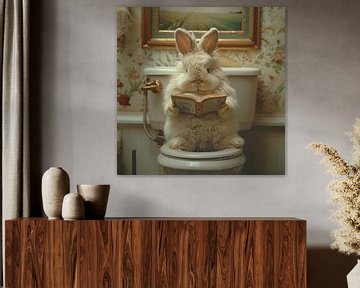 Grappig konijn leest op het toilet voor badkamerdecoratie van Poster Art Shop