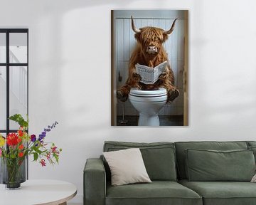 Hooglandse koe leest krant op het toilet van Felix Brönnimann