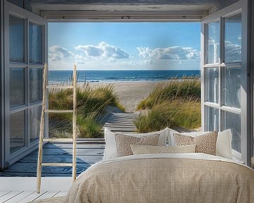 Uitzicht door wit raam op strand en zee van Poster Art Shop
