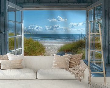 Uitzicht door een open raam op het strand van Poster Art Shop