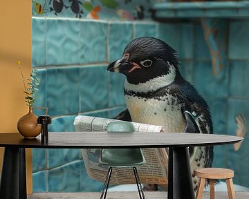 Pinguin Liest Zeitung auf Toilette - Humorvolles Badezimmerposter von Poster Art Shop