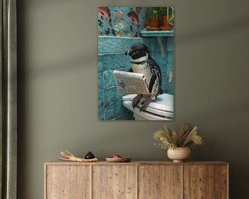Pinguïn leest krant op toilet - Humoristische Badkamer Poster van Felix Brönnimann