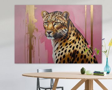 Elegant Gold Leopard against Pink Canvas by De Muurdecoratie