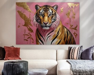 Tiger in Gold and Pink Modern Artwork by De Muurdecoratie