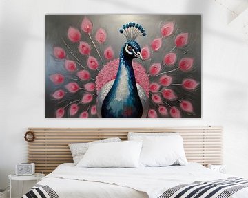 Peacock with pink flowers in modern style by De Muurdecoratie