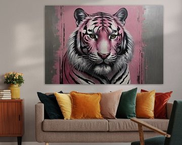 Modern Pink and Silver Tiger Painting by De Muurdecoratie