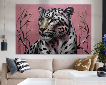 Majestätischer Leopard auf rosa Hintergrund von De Muurdecoratie