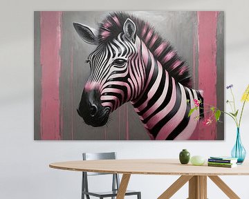 Modern zebra with pink stripes painting by De Muurdecoratie
