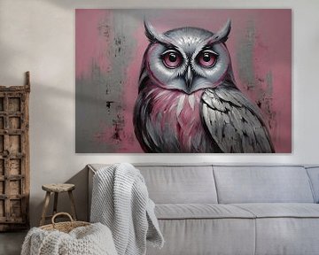 Hibou abstrait dans des tons roses et argentés sur De Muurdecoratie