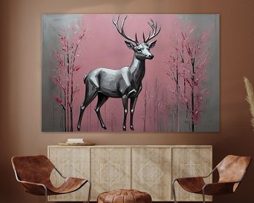 Zilveren hert in roze abstract bos van De Muurdecoratie