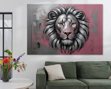 Abstract Silver Lion with Pink Background by De Muurdecoratie