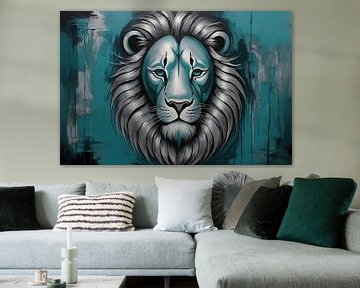 Zilveren en Turquoise Leeuw op Canvas van De Muurdecoratie