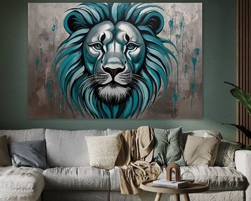 Turquoise and Silver Abstract Lion by De Muurdecoratie