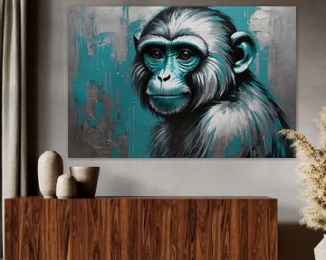 Le regard intense d'un singe turquoise sur De Muurdecoratie