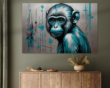 Singe abstrait avec peinture turquoise et argent sur De Muurdecoratie