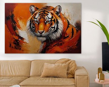 Peinture rouge orangé d'un tigre majestueux sur De Muurdecoratie