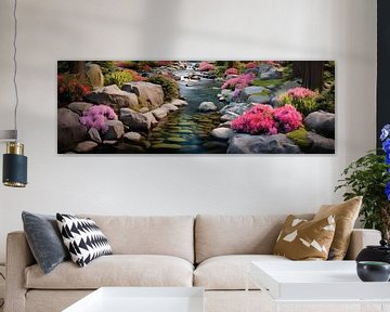 Japanese rock garden with river and colourful flowers in spring, art design by Animaflora PicsStock