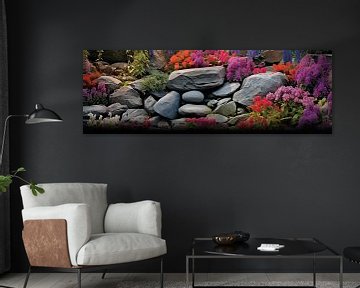 Jardin de pierre japonais avec rivière et fleurs multicolores au printemps, Art Design sur Animaflora PicsStock