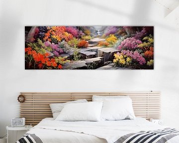 Jardin de pierre japonais avec rivière et fleurs multicolores au printemps, Art Design sur Animaflora PicsStock
