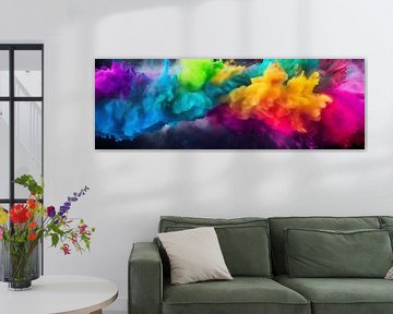 Regenbogenfarbenes Holi-Pulver-Burst-Banner, Kunstdesign auf schwarzem Hintergrund von Animaflora PicsStock