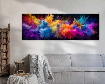 Regenbogenfarbenes Holi-Pulver-Burst-Banner, Kunstdesign auf schwarzem Hintergrund von Animaflora PicsStock