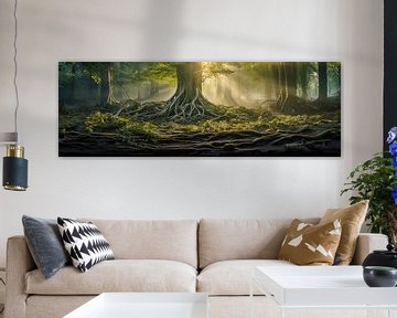 Baumwurzeln und Sonnenschein in einem grünen Wald, Kunstdesign von Animaflora PicsStock