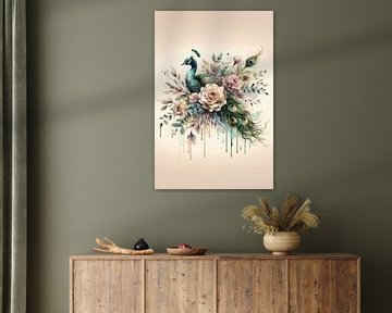 Peacock in flower bouquet by Ellen Van Loon