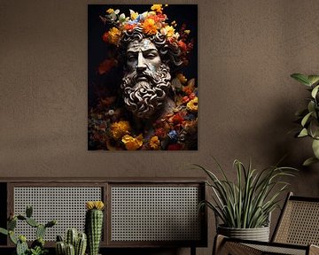 Grieks oud standbeeld met bloemen van haroulita