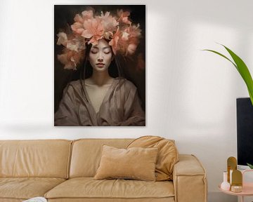 Portrait Femme japonaise avec fleurs | Lotus sur Mauve Design