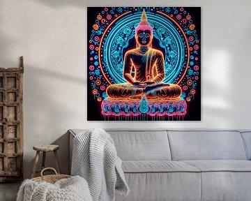 Boeddha in roze en blauwe neon kleuren van Ineke de Rijk