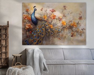 Moderne Kunst bunter Pfau auf einer Leinwand, gemalt von Animaflora PicsStock