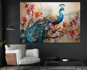 Art moderne paon coloré sur une toile, peint sur Animaflora PicsStock