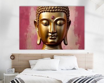 Serene Golden Buddha with Pink Background by De Muurdecoratie