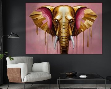 Goldener Elefant vor rosa Hintergrund von De Muurdecoratie