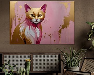 Gold und rosa moderne Katze Porträt von De Muurdecoratie