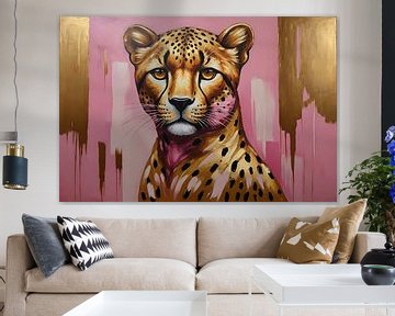 Majestueuze Luipaard in Goud en Roze van De Muurdecoratie