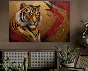 Golden Tiger Modern Art on Red sur De Muurdecoratie