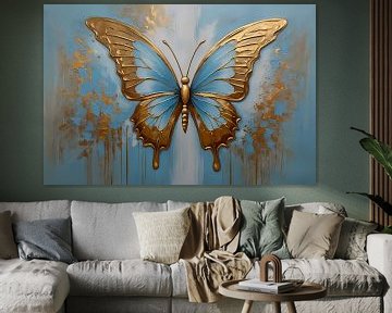 Golden Butterfly against Sky Blue Background by De Muurdecoratie