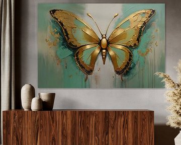 Gouden vlinder op lichtgroene olieverfachtergrond van De Muurdecoratie