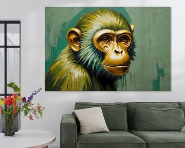 Expressive Digital Monkey with Golden Gloss by De Muurdecoratie