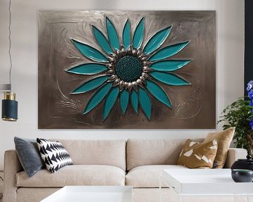 Türkisfarbene Sonnenblume in Metall Stil Dekor von De Muurdecoratie