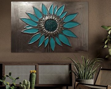 Türkis und Silber Sonnenblume Kunstwerk von De Muurdecoratie