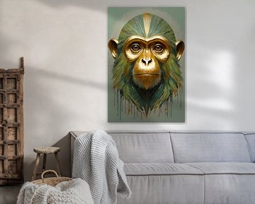 Goldener Affe mit buntem abstraktem Hintergrund von De Muurdecoratie