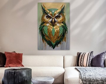 Abstract Owl in Gold and Green Shades by De Muurdecoratie