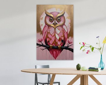 Owl with Golden Background and Pink Feathers by De Muurdecoratie