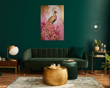 Eleganter goldener Pfau auf rosa Hintergrund von De Muurdecoratie