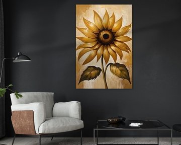 Elegant golden sunflower against beige background by De Muurdecoratie
